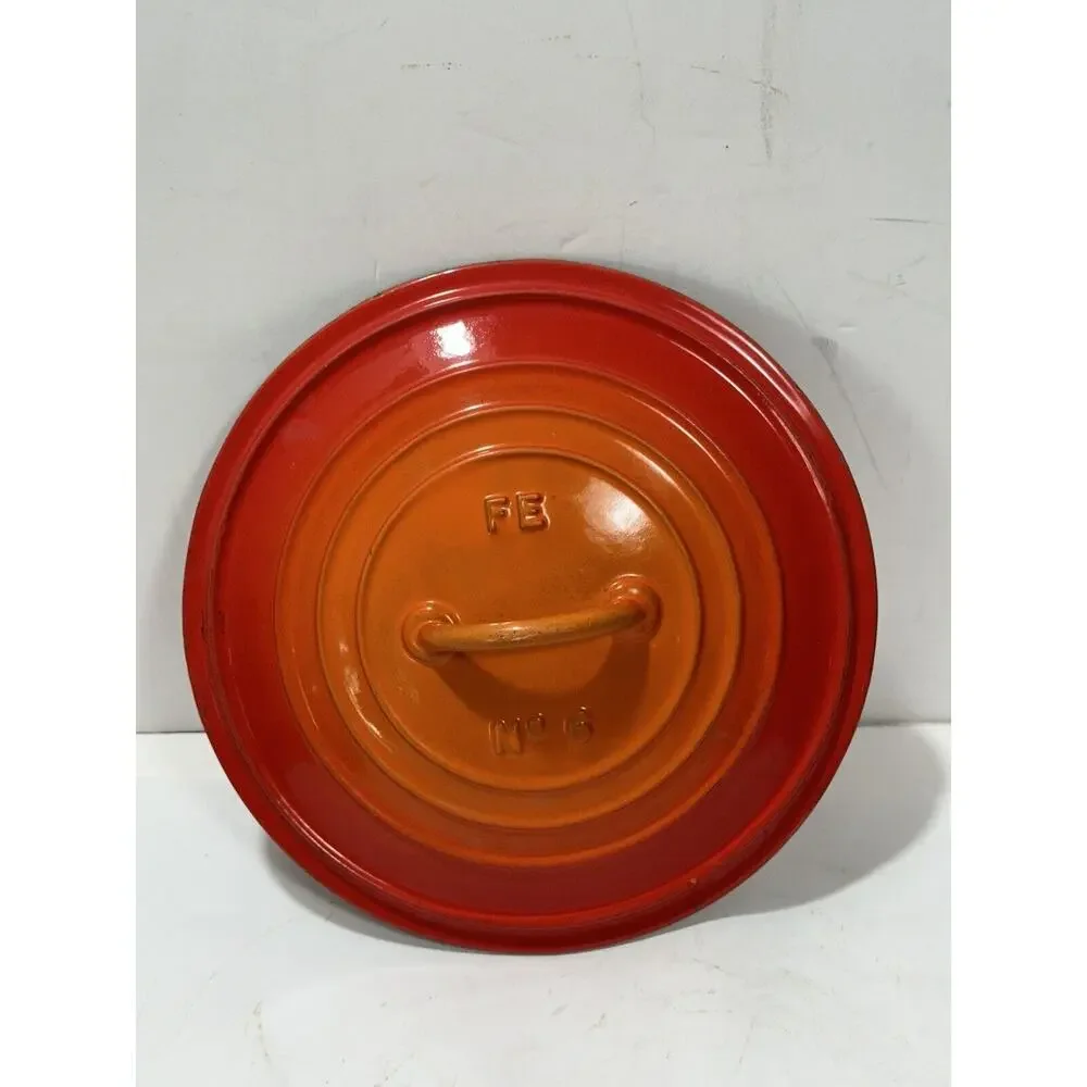 Vintage DESCOWARE Cast Iron LID FE BELGIUM No 6 Flame Red Orange ENAMEL Fits 7”‎